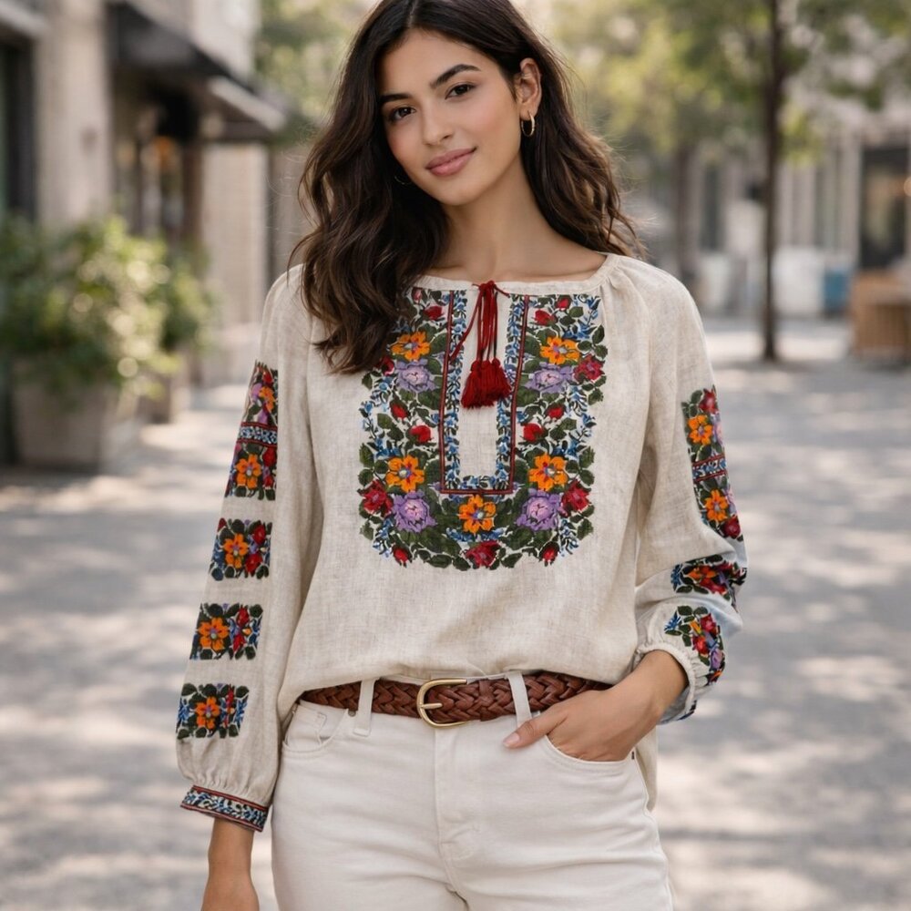 Embroidered natural linen blouse - size S to M